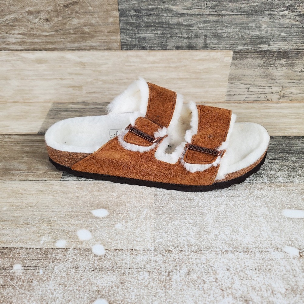 Birkenstock Arizona Womens Sandals Sz 7 Mink Shearling Suede Leather Slides
